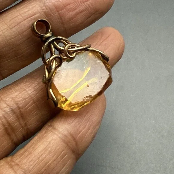 Antique Gold Fill Citrine Glass Fob Charm Pendant - Picture 14 of 15